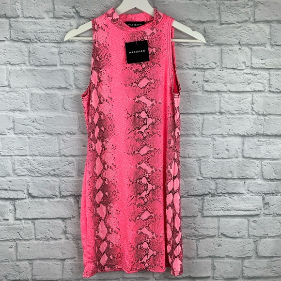 Pink Snake Print High Neck Bodycon Mini Dress - Picture 2 of 8